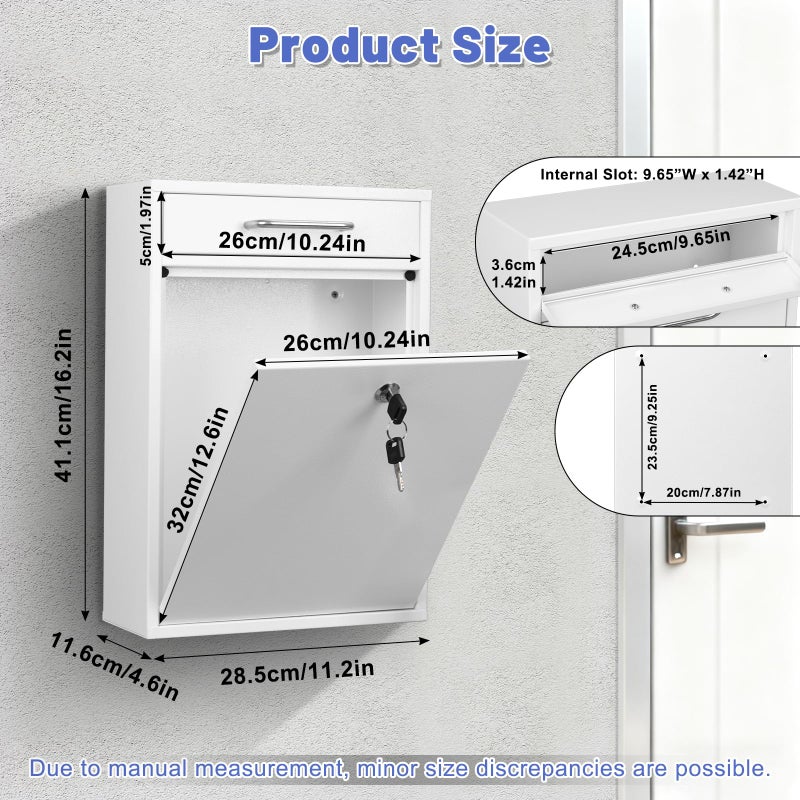 KYODOLED Steel Key Lock Mail Boxes Outdoor, Locking Wall Mount Mailbox, Security Lock Drop Box, Collection Boxes for House, Office or School,16.2H x 11.2L x 4.6W Inches, White X Large - Image 3